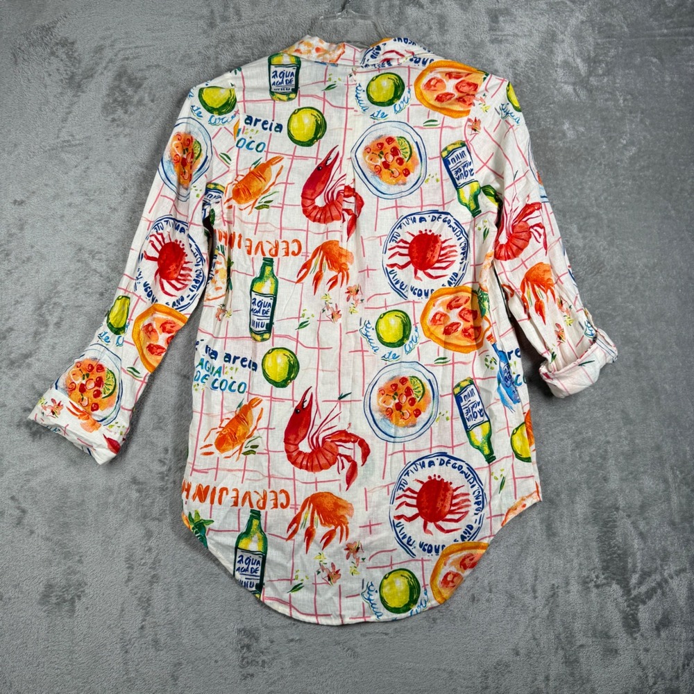 Calypso St. Barth Button Down Shirt Womens Small White Linen Blend Lobster Print - Picture 3 of 10